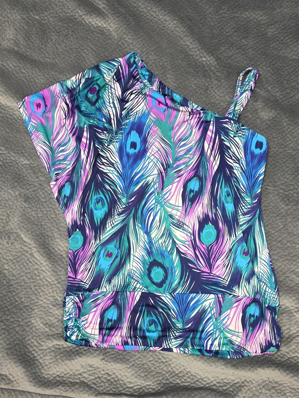 Cache One-Shoulder Peacock Feather Tank Top - Blue, Purple, Teal